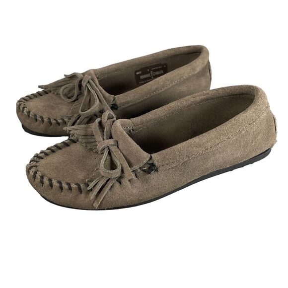 Minnetonka Kiltie Hardsole Fringe Moccasins Womens SIZE 5 Suede Dark Brown Shoes - Picture 1 of 9